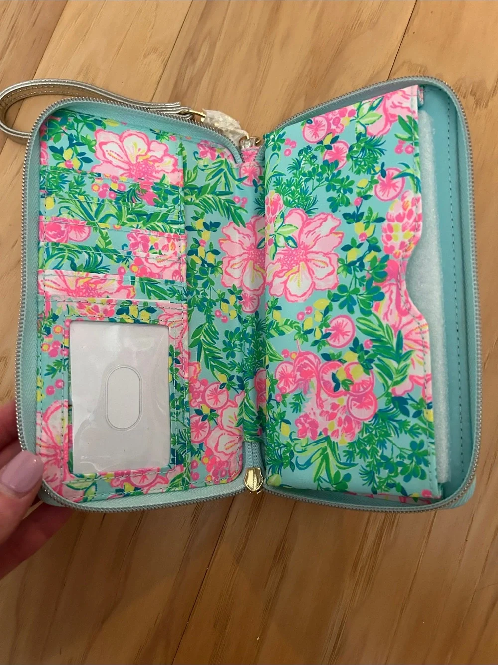 Lilly Pulitzer Aqua Floral Zip Wristlet Wallet with Pink Flowers